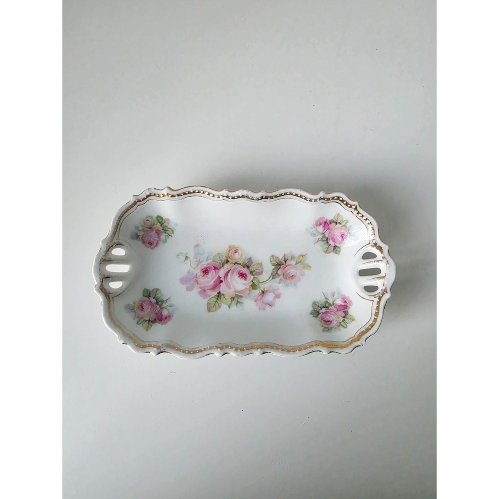 Vintage PK Silesia Porcelain Trinket Dish Pink Rose Floral Gold Trim Scalloped